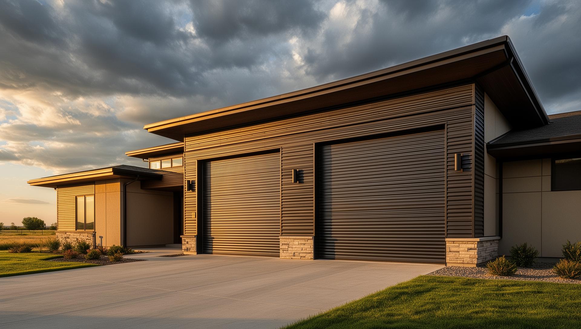 Modern prairie style home with industrial ribbed steel roll-up garage doors in Myrtle Point Oregon